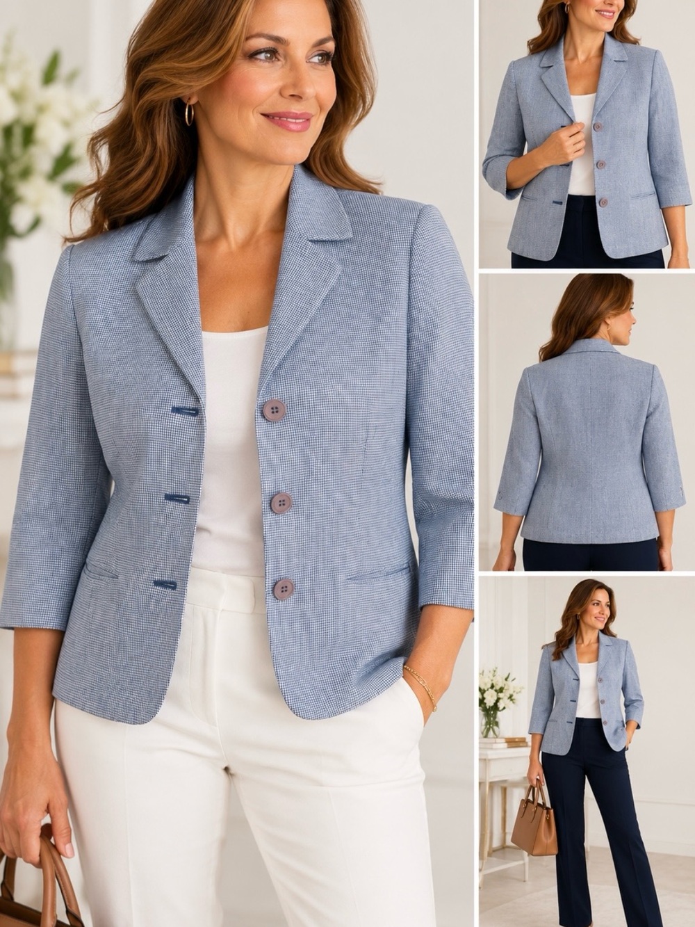 Talbots Women Petites Blue Houndstooth 100% Linen Blazer Womenโs Size 10